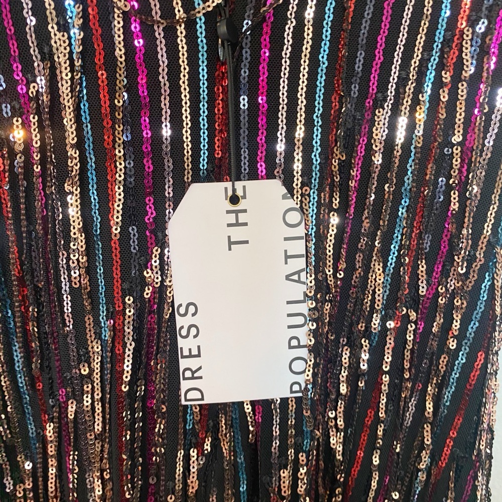 DRESS THE POPULATION Yvonne Rainbow Sequin Fringe Midi Dress Sz Medium - Picture 12 of 12